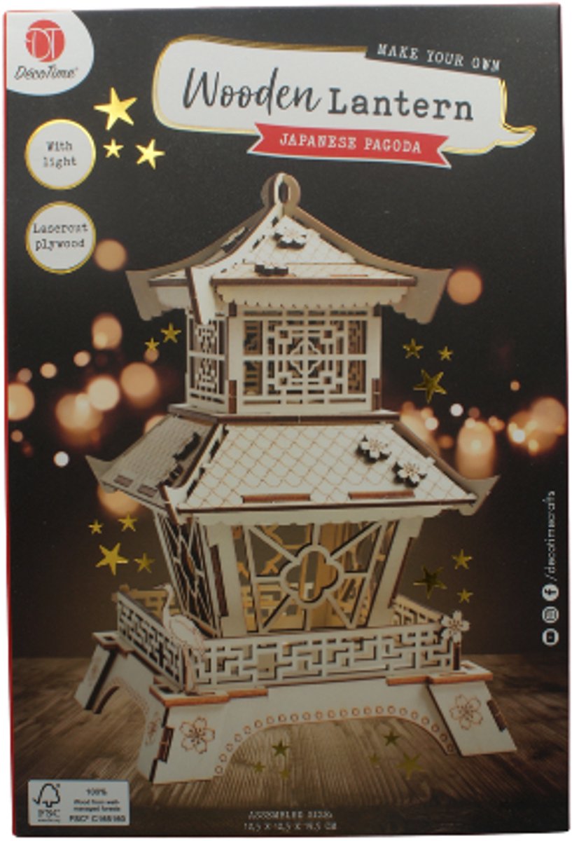Houten Lantaarn 3D-puzzel - Japanse Pagoda - 12.5 x 12.5 x 19.5cm | Houten Lantaarn Puzzel met LED verlichting